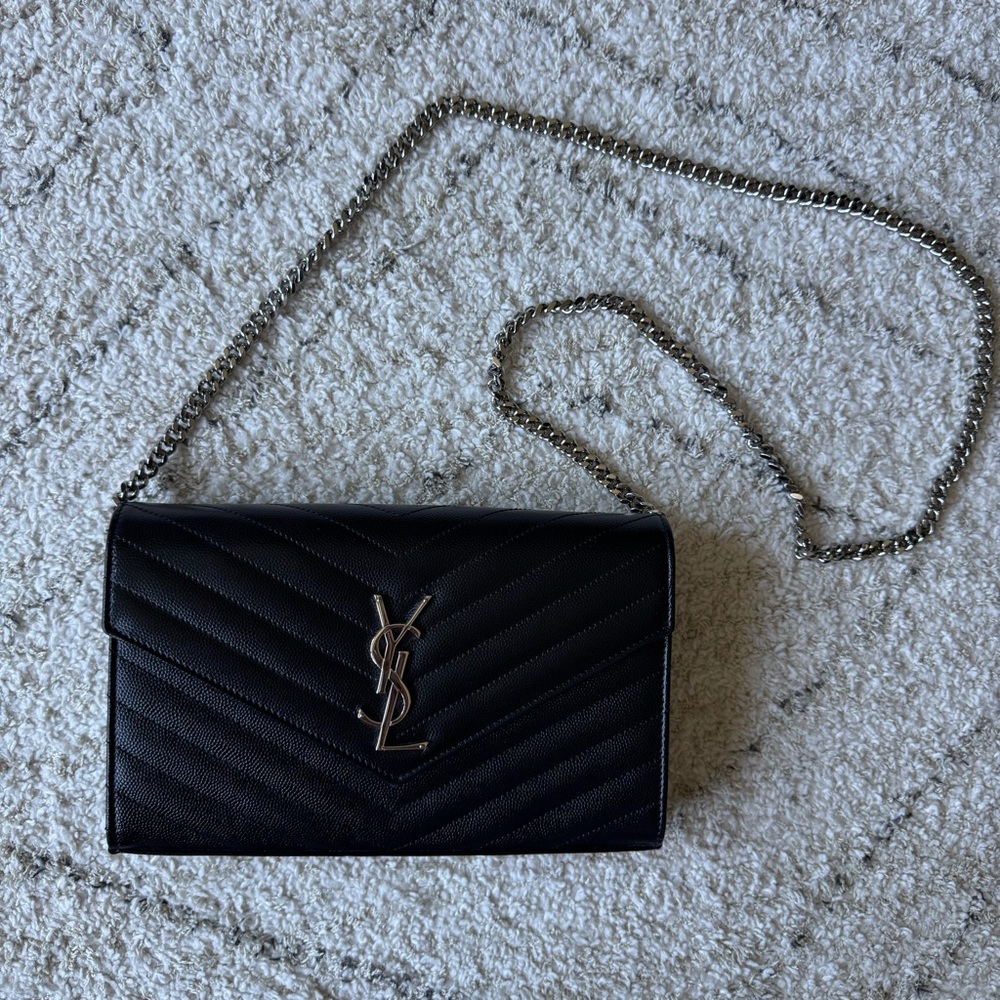 YSL Monogram Large Grained Leather Wallet on Chain